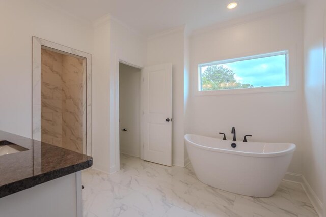 bathroom with a washtub and crown molding