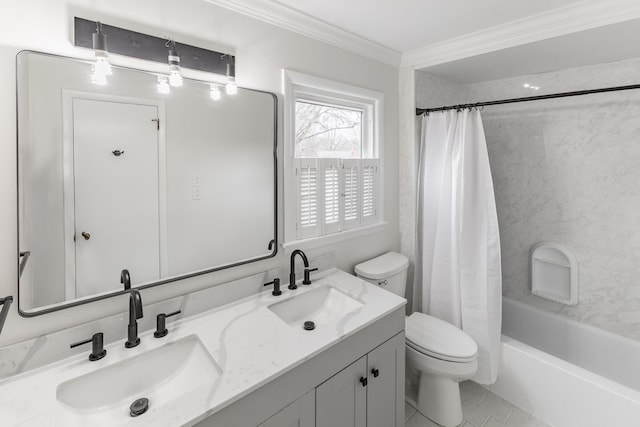 full bathroom with double vanity, crown molding, shower / bath combo, and a sink