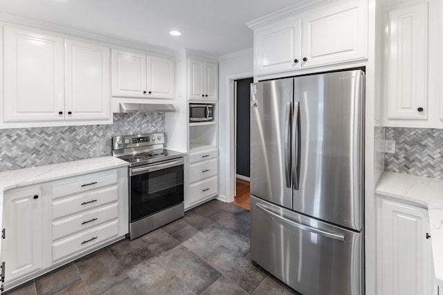 kitchen with white cabinets, decorative backsplash, light stone countertops, stainless steel appliances, and under cabinet range hood