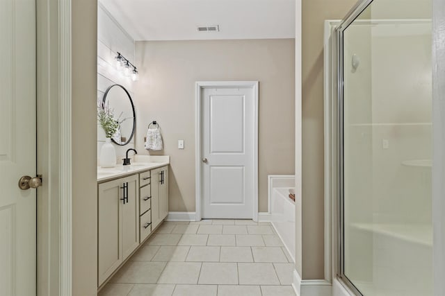 full bath featuring a shower stall, visible vents, a bath, and vanity