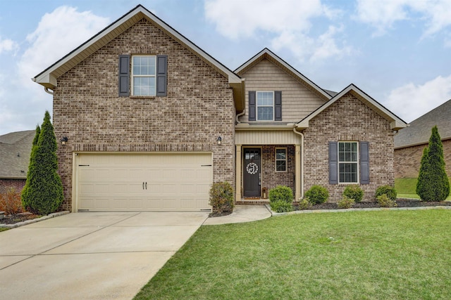 traditional-style house with a garage, a front yard, concrete driveway, and brick siding