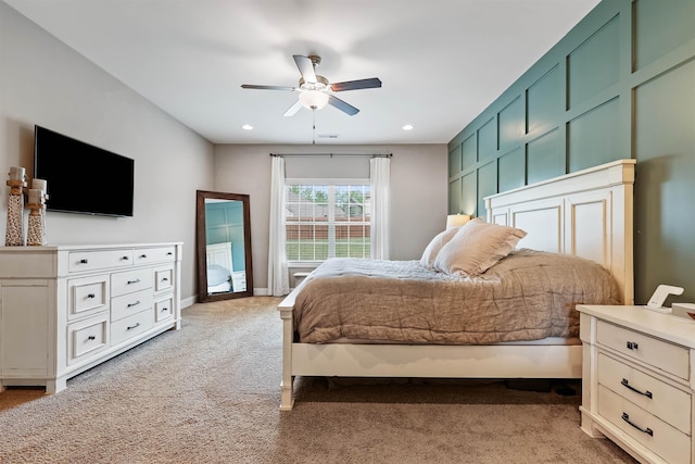 bedroom featuring baseboards, ceiling fan, recessed lighting, and light colored carpet