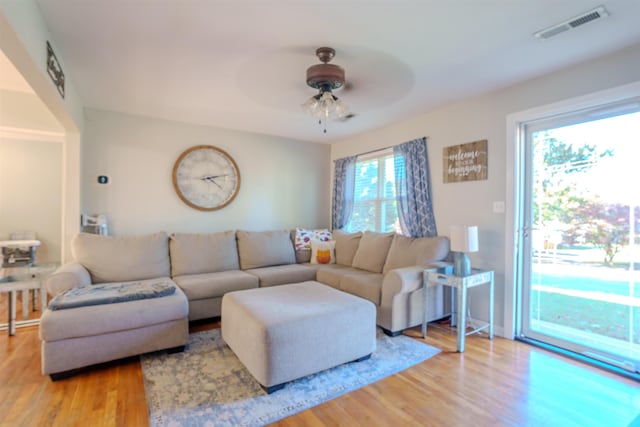 living room with ceiling fan and wood-type flooring