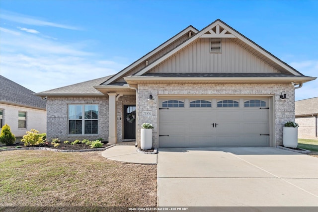  - view of front of house featuring concrete driveway, brick siding, a garage, a front yard, and a shingled roof