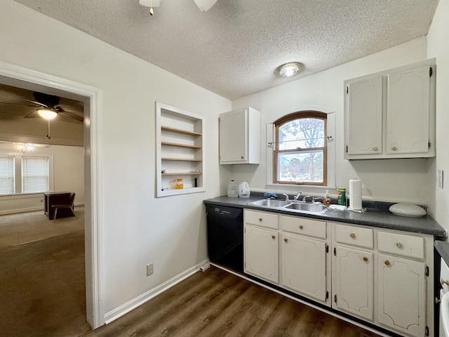 kitchen with sink, white cabinetry, a textured ceiling, black dishwasher, and ceiling fan