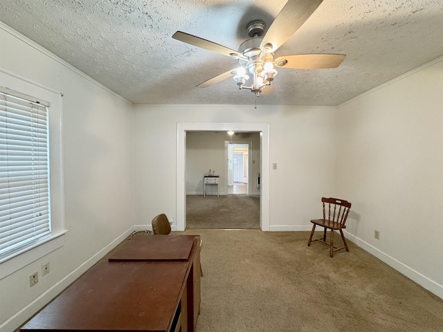 living area featuring ceiling fan, carpet floors, and a textured ceiling