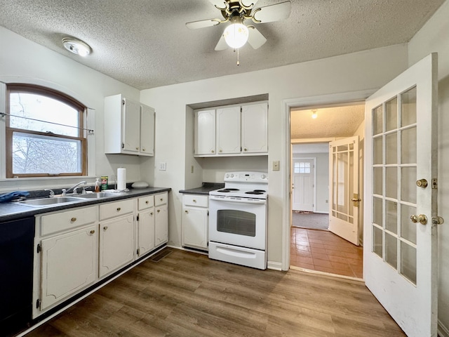 kitchen featuring electric stove, sink, dishwasher, white cabinetry, and wood-type flooring