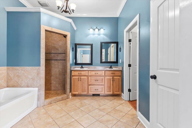 bathroom with an inviting chandelier, tile patterned flooring, vanity, crown molding, and plus walk in shower