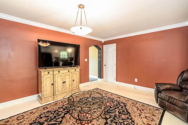  - living area with arched walkways, ornamental molding, and baseboards