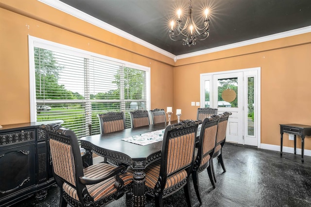  - dining area featuring a chandelier, baseboards, and ornamental molding
