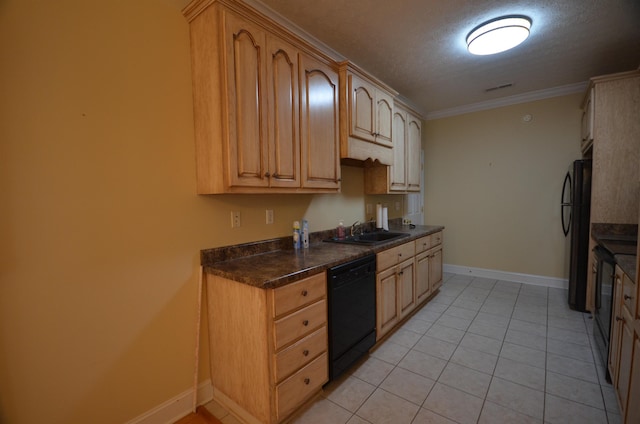 kitchen featuring sink, crown molding, a textured ceiling, light tile patterned floors, and black appliances