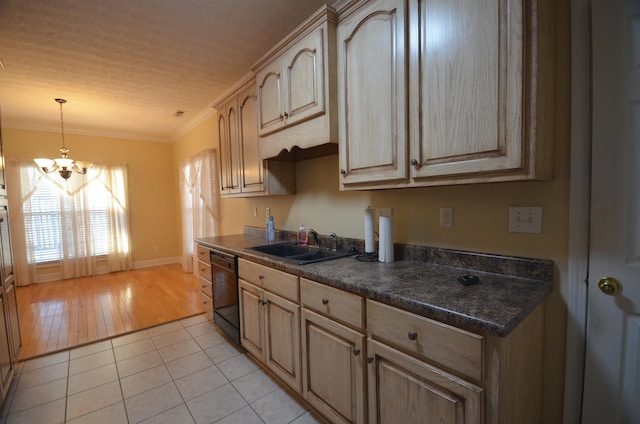 kitchen with light tile patterned flooring, decorative light fixtures, dishwasher, ornamental molding, and light brown cabinets