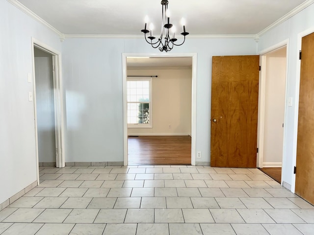 unfurnished dining area featuring a notable chandelier and crown molding