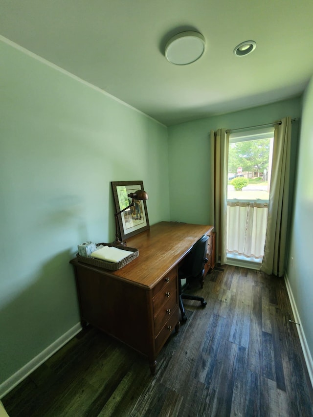 home office featuring dark wood-type flooring and baseboards