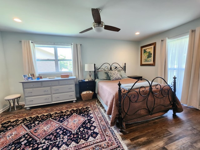 bedroom featuring dark wood-style flooring, ceiling fan, and recessed lighting