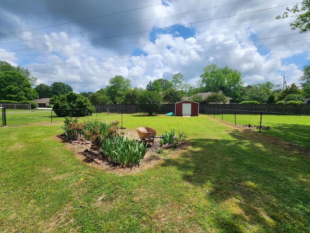 view of yard featuring a storage shed and an outdoor structure