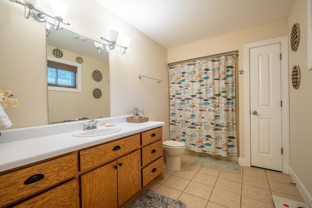 full bathroom featuring tile patterned floors, curtained shower, toilet, and vanity
