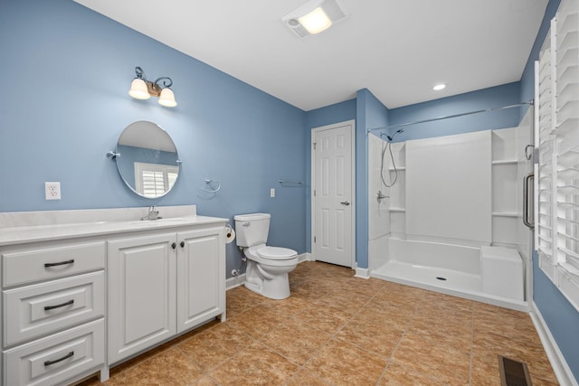 full bathroom featuring toilet, a shower, visible vents, and baseboards