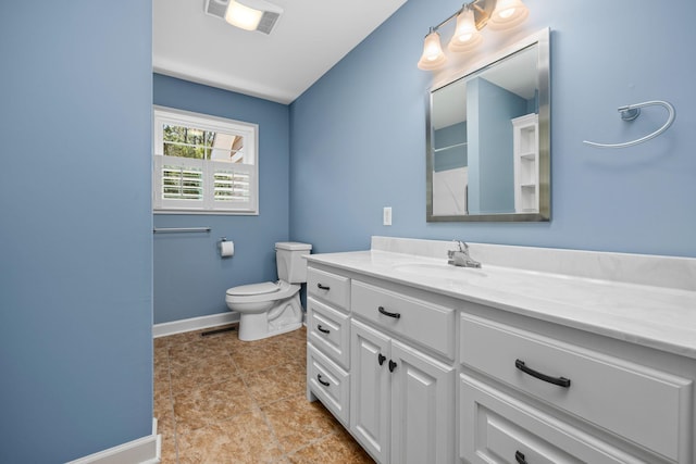 bathroom with toilet, baseboards, visible vents, and vanity