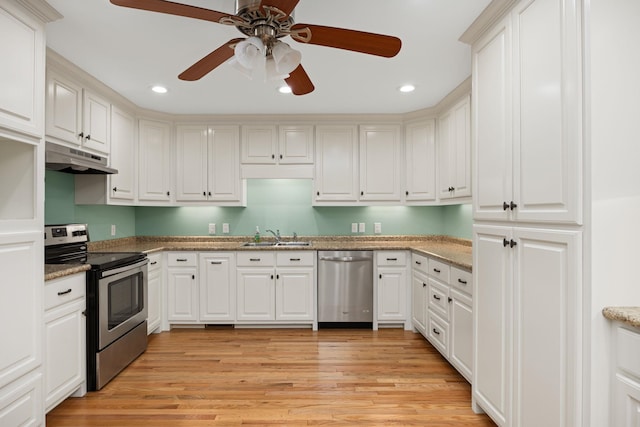 kitchen with recessed lighting, under cabinet range hood, a sink, appliances with stainless steel finishes, and light wood finished floors