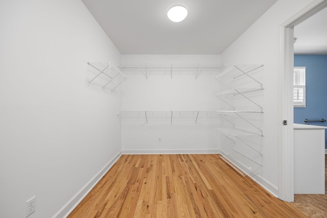 walk in closet with light wood finished floors