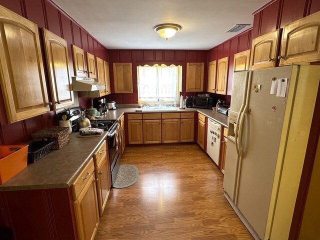  - kitchen with white appliances, light wood-type flooring, under cabinet range hood, a sink, and dark countertops