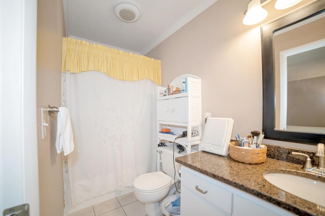 bathroom featuring tile patterned flooring, vanity, crown molding, toilet, and curtained shower