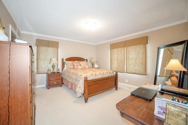 bedroom with crown molding, baseboards, and light colored carpet