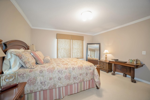 bedroom with baseboards, carpet floors, and ornamental molding