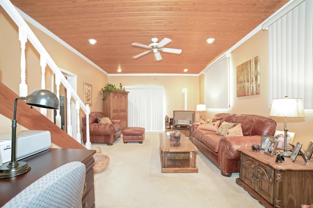 living area featuring light colored carpet, ceiling fan, crown molding, and wood ceiling