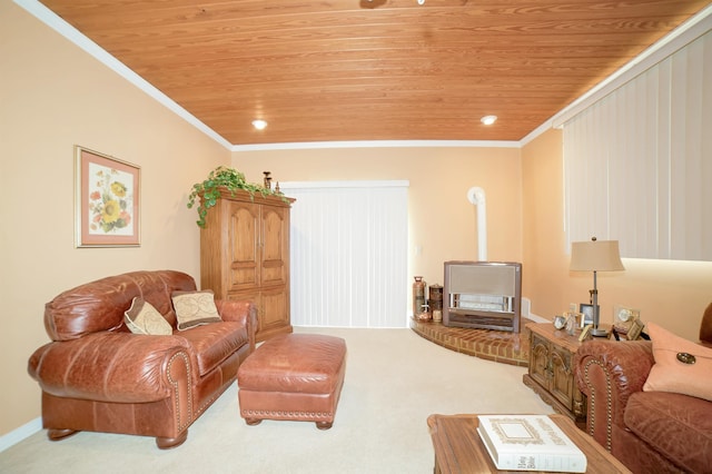 living room with carpet floors, recessed lighting, wood ceiling, and ornamental molding