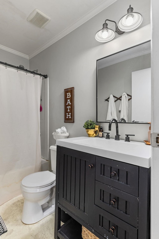 bathroom with shower / bath combination with curtain, vanity, ornamental molding, visible vents, and toilet