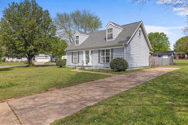 cape cod home with crawl space, driveway, and a front yard
