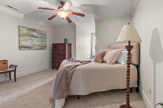  - carpeted bedroom with crown molding, ceiling fan, and baseboards