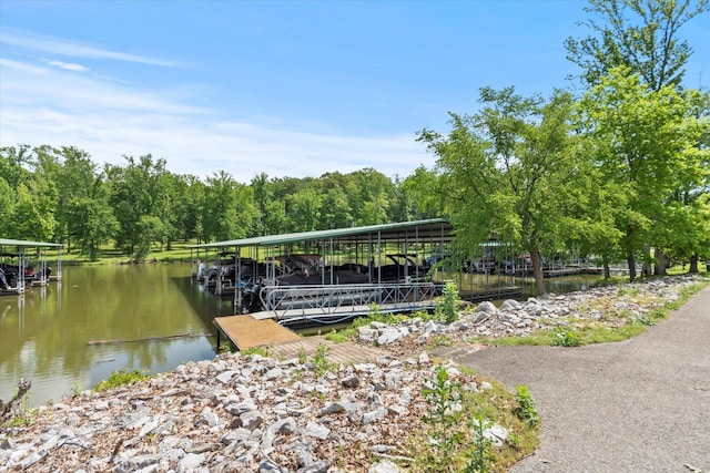  - dock area featuring boat lift and a water view