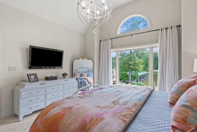  - bedroom featuring a chandelier, high vaulted ceiling, light colored carpet, and access to outside