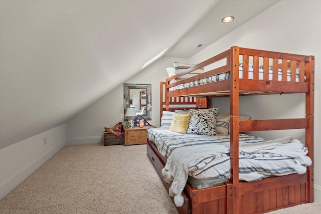  - bedroom with carpet, lofted ceiling, baseboards, and recessed lighting