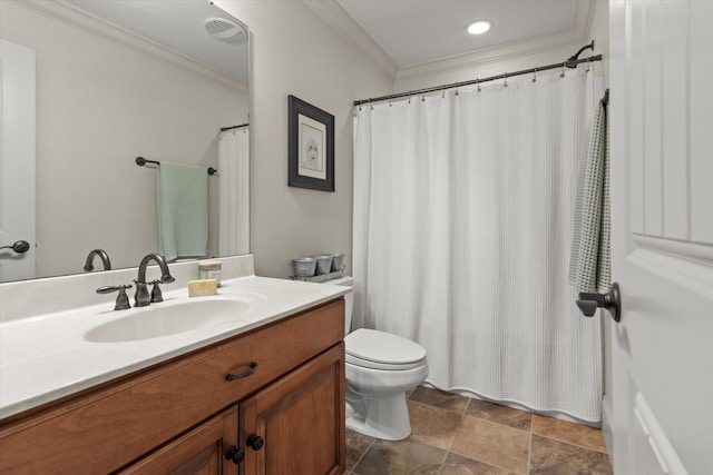  - full bathroom with crown molding, toilet, stone finish floors, vanity, and a shower with curtain