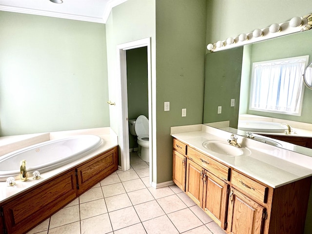 bathroom featuring tile patterned floors, vanity, toilet, and a tub to relax in