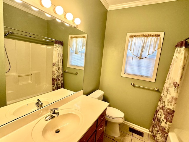 bathroom featuring tile patterned floors, vanity, toilet, and ornamental molding