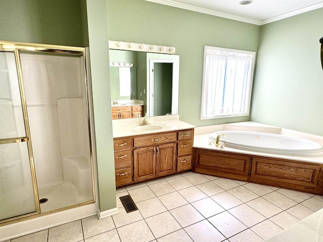 bathroom featuring tile patterned floors, separate shower and tub, vanity, and ornamental molding