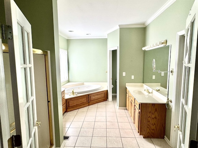 bathroom with tile patterned flooring, vanity, shower with separate bathtub, and ornamental molding