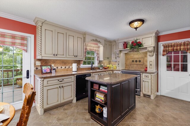 kitchen featuring a kitchen island, stainless steel electric range oven, black dishwasher, and cream cabinets