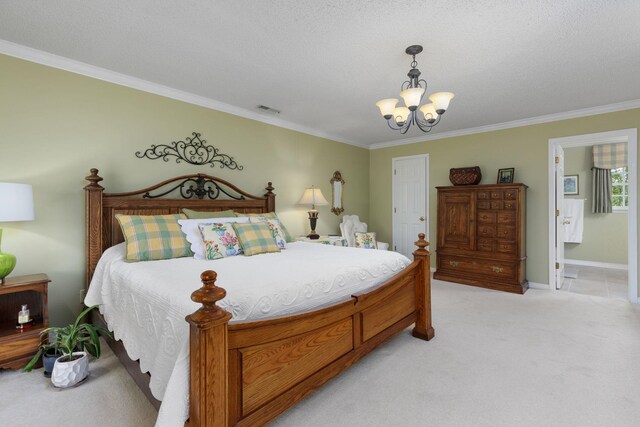 bedroom featuring connected bathroom, light colored carpet, an inviting chandelier, and ornamental molding