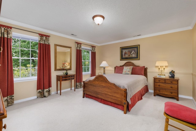 bedroom with light colored carpet, multiple windows, and crown molding