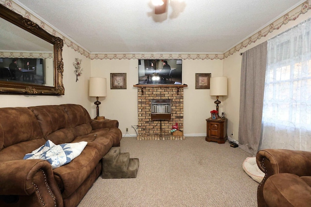 living room with a fireplace, carpet, a textured ceiling, and ornamental molding