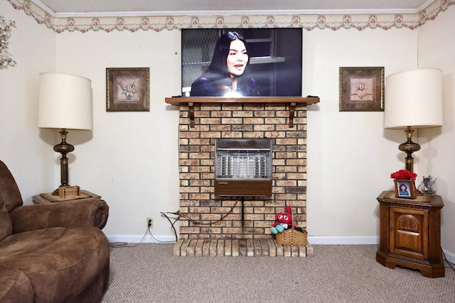 living room featuring a fireplace, carpet floors, and crown molding