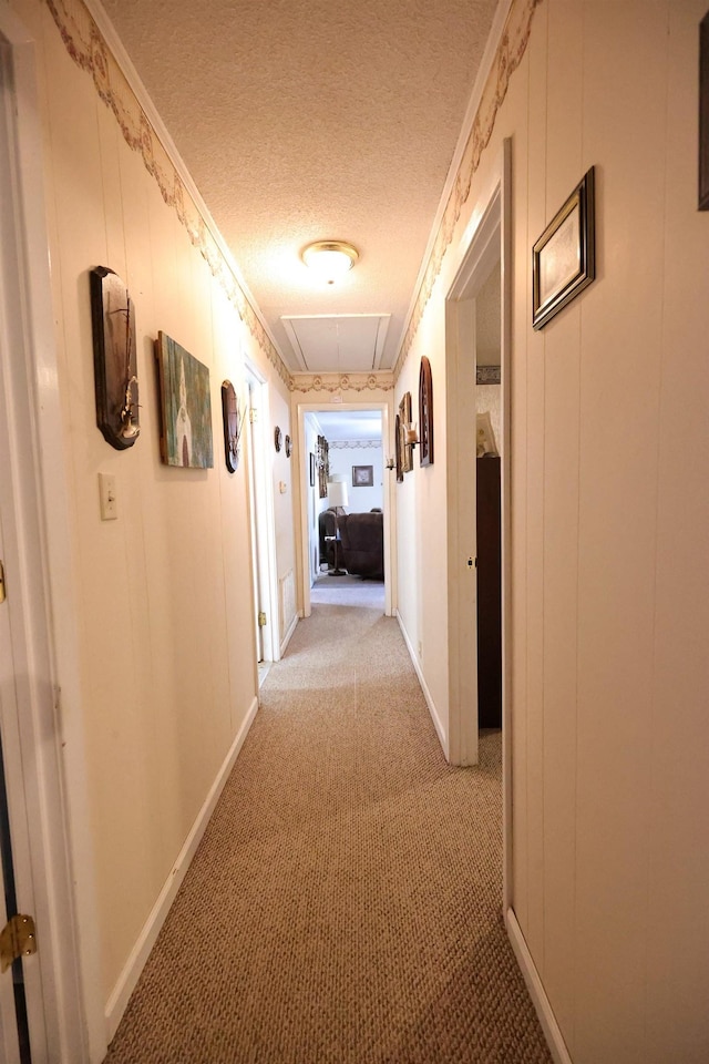 hall featuring light carpet, crown molding, and a textured ceiling