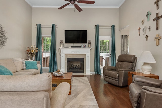  - living area with wood finished floors, a ceiling fan, ornamental molding, a fireplace with flush hearth, and baseboards