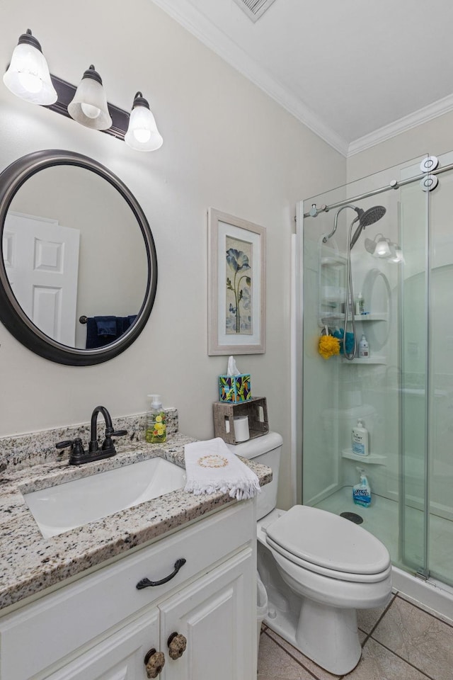  - full bath featuring a shower stall, vanity, ornamental molding, and toilet